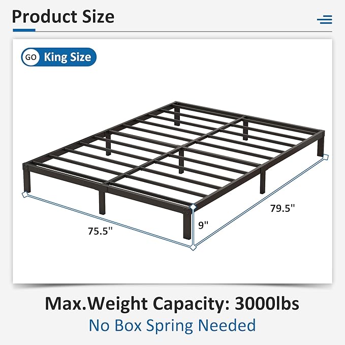 9 Inch Low King Bed Frame Heavy Duty Metal Platform, No Box Spring Needed, Easy Assembly Mattress Foundation, No Noise, Black