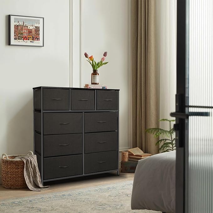 Dresser for Bedroom with 9 Drawers, Chest of Drawers, Storage Drawers Organizer Unit, Black Wide Fabric Dresser with Fabric Bins for Closet, Living Room, Entryway (Charcoal Black)