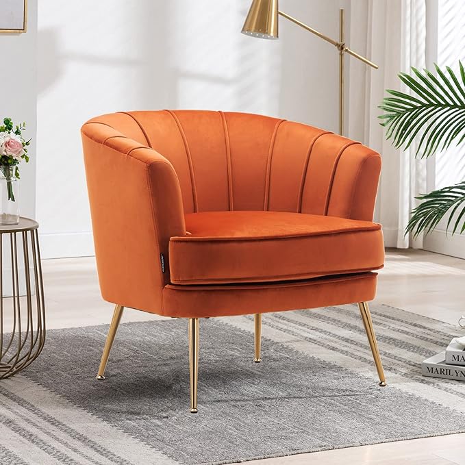 Velvet Barrel Accent Chair Comfy Club Armchair Modern Lounge Reading Chair with Gold Legs for Living Room/Bedroom, Caramel