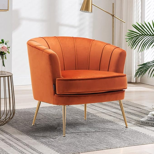 Velvet Barrel Accent Chair Comfy Club Armchair Modern Lounge Reading Chair with Gold Legs for Living Room/Bedroom, Caramel