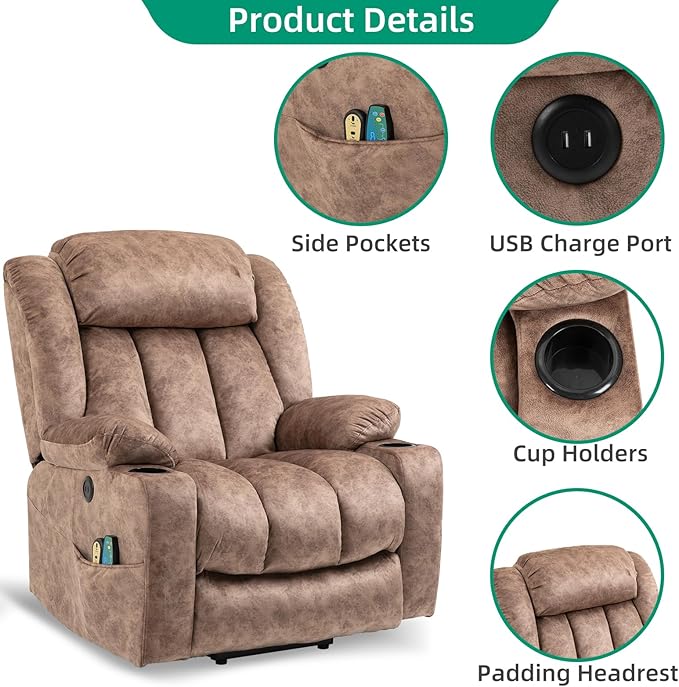 VIVIJASON Tall Man Large Power Lift Recliner Chair with Massage and Heat for Elderly, Overstuffed Wide Electric Lift Recliner w/Extended Footrest, 2 Cup Holder, Side Pockets & USB Ports, Fabric Brown