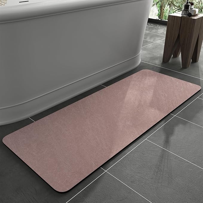 MontVoo -Bath Mat Rug-Rubber Backing Non Slip Quick Dry Absorbent Thin Bathroom Rugs Fit Under Door-Faux Suede Surface Bathroom Floor Mats-Shower Rug for in Front of Bathtub Shower Dusty Rose 17"x59"