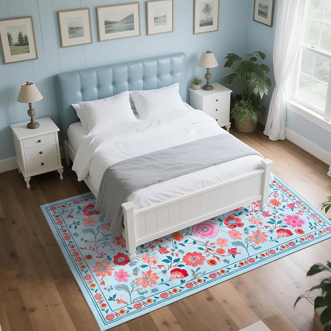 Living Room Rug 6x9 Rug, Machine Washable Area Rug Non Slip Low Pile Floral Rug for Living Room, Bedroom, Farmhouse, Dining Room, Kids Playroom, Blue
