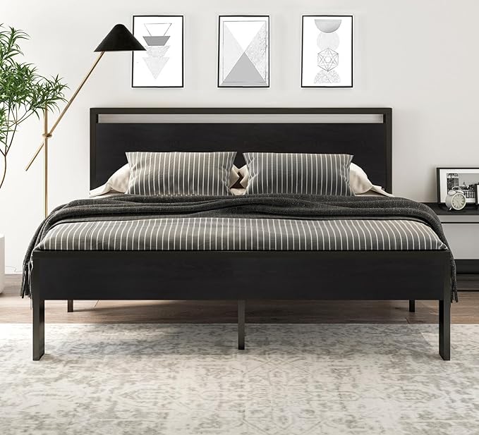 SHA CERLIN 14 Inch King Size Metal Platform Bed Frame with Wooden Headboard and Footboard, Mattress Foundation, No Box Spring Needed, Large Under Bed Storage, Black Oak