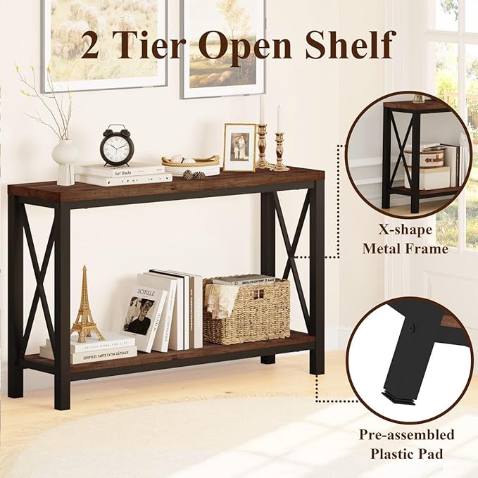 BON AUGURE 2 Tier Console Table for Entryway, Metal Wood Sofa Table Behind Couch for Living Room, Industrial Entry Tables for Hallway, Foyer, Front Door, Entrance (Rustic Oak, 47 Inch)