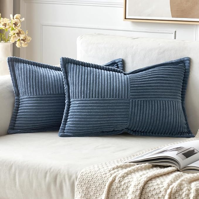 MIULEE Decorative Lumbar Throw Pillow Covers for Couch Bed Livingroom 14x22 Inch Set of 2 Blue Boho Accent Throw Pllows Broadside Striped Patchwork Soft Corduroy Summer Coastal Pillowcases
