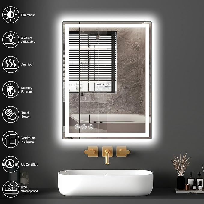 LED Mirror for Bathroom 20"x 28" with Frontlit and Backlit, Anti-Fog Mirror with Lights, Stepless 3 Colors Temperature & Dimmable Bathroom Mirror, Memory Tempered Glass Mirror for Bathroom