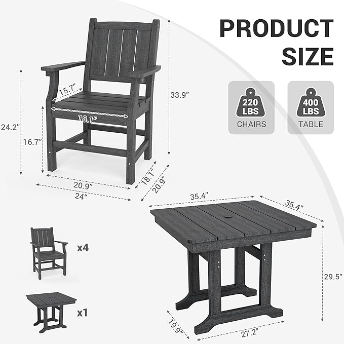 Wood Grain 5-Piece Outdoor Dining Set, Spacious HDPE Outdoor Table and Chairs, All-Weather Patio Table and Chairs Set with Umbrella Hole and Elegant Armrest for Porch, Poolside, Gray