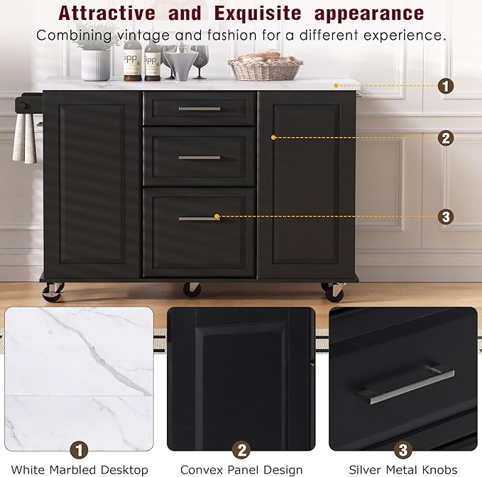 50.7" Mobile Kitchen Island with Storage Tilt Trash Can Cabinet and Pull Out Cabinet Organizer, Movable Rolling Island on 5 Wheels with Drop Leaf, 2 Drawers, 1Door for Kitchen, Dining Room (Black)