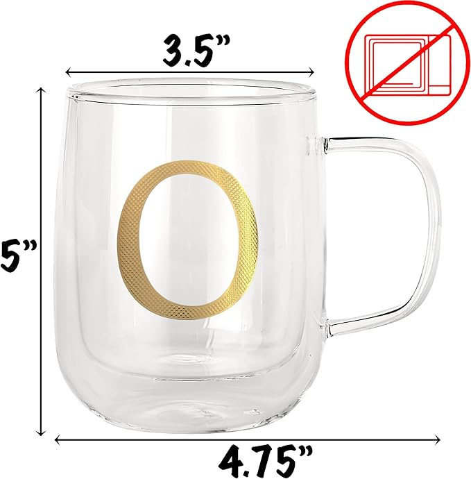 COLLECTIVE HOME - Double Walled Glass Coffee Mugs, Insulated Coffee Mug with Handle, Personalized Gifts for Women, Men, Christmas, 14 oz Monogram Cups (O)