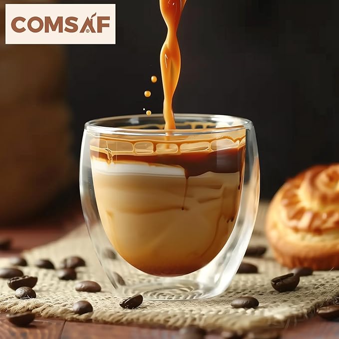 ComSaf Cappuccino Cup 8 oz, Glass Coffee Cups Set of 2, Double Walled Glass Coffee Mugs for Caramel Macchiato, Latte, Flat White, Lungo, Coffee Mug Set Gift for Christmas, Birthday