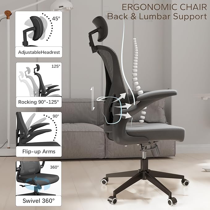 Office Chair with Adjustable Lumbar Support & Flip-Up Armrests -Ergonomic High Back Computer Desk Chair with Thickened Seat Cushion, Rolling Wheels for Home/Office Study Work (02H-Black)