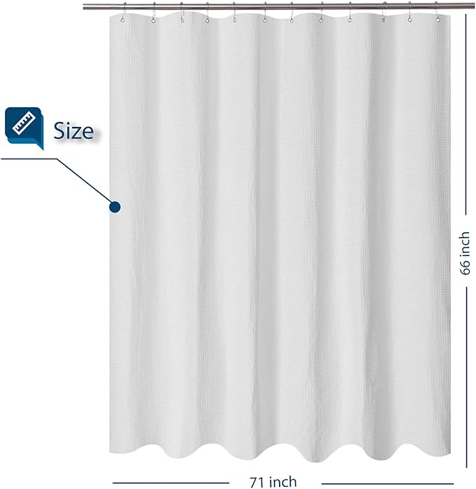 Short Shower Curtain with 66 inch Length Fabric, Waffle Weave, Hotel Luxury Spa, Water Repellent, Machine Washable, 230 GSM White Pique Pattern for Decorative Bathroom Curtain