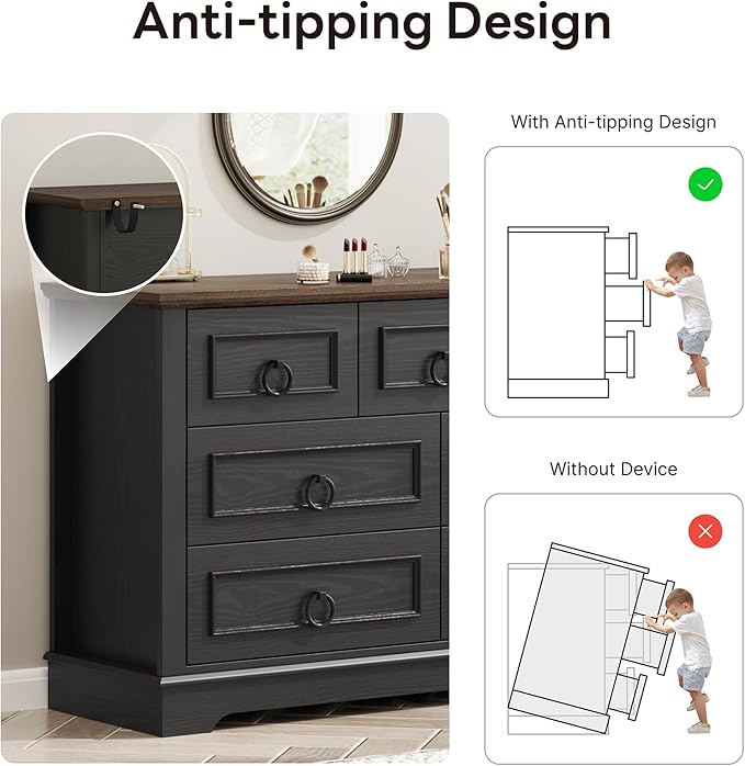 LIKIMIO Black Dresser for Bedroom, 47.2" W Farmhouse 7 Drawer Dresser with Round Metal Handle, Thickened Desktop, Wood Rustic Chest of Drawers for Hallway, Entryway