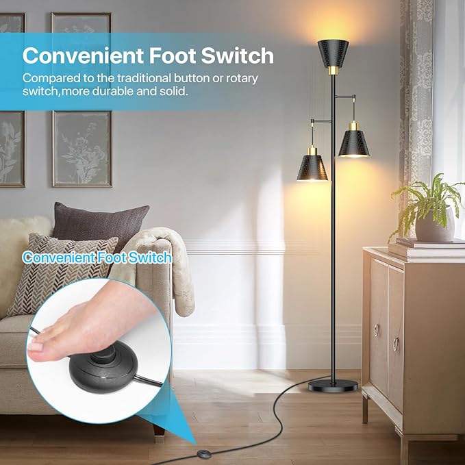 Black Floor Lamp with Cage Shade - 70" Standing Lamp for Living Room Corner - 3 LED Bulbs - Rustic Industrial Modern