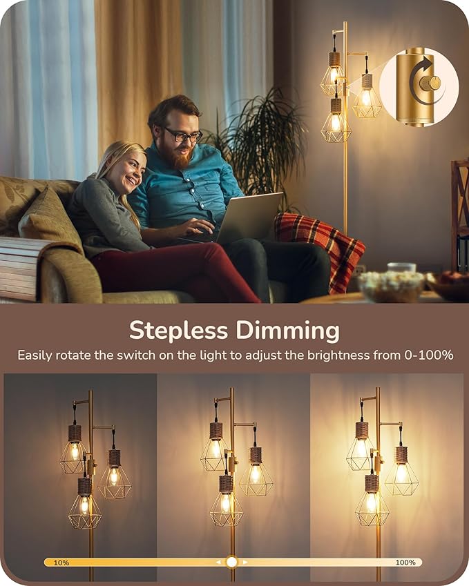 EDISHINE Dimmable Industrial Floor Lamp, Farmhouse Standing Lamp for Living Room with 3 LED Edison Bulbs, Diamond-Shaped Cage, Corner Rustic Rattan Reading Lamps for Bedroom, Office, Gold