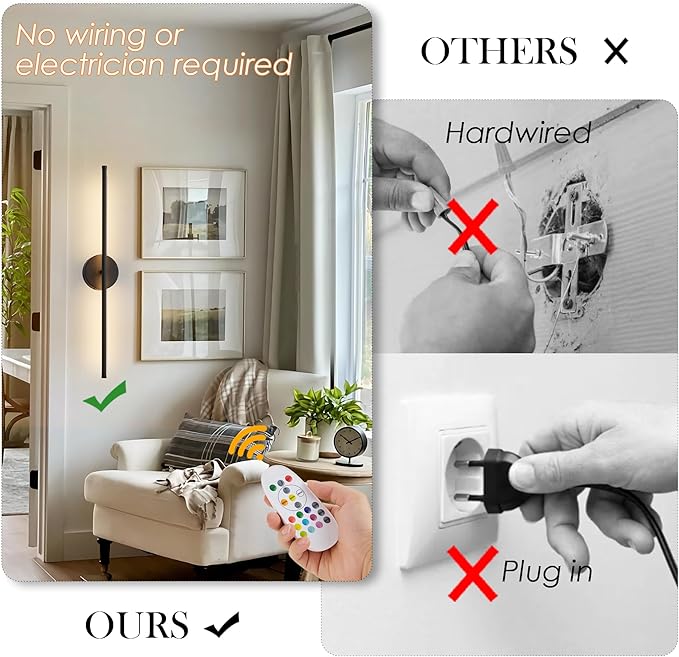 Battery Operated Wall Sconces, Warm White/Natural White/Daylight/RGB, LED Black Wireless Wall Light. 32.2 Inch
