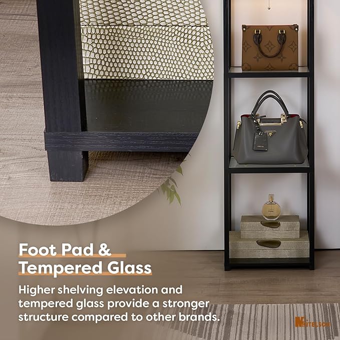 Floor Lamp with Shelves, Modern Standing Lamp with Tempered Glass, Large Display Shelf Lamp, Tall Lamps with Shelves for Living Room, Bedroom, Office, Black