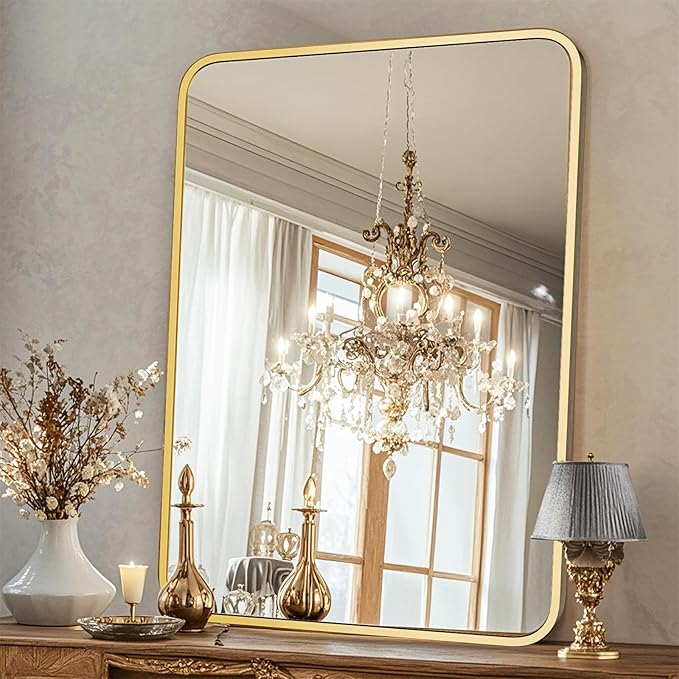 22"×30" Bathroom Mirror for Wall, Modern Bathroom Vanity Mirror, Gold Bathroom Mirrors for Over Sink with Metal Framed HD Tempered Glass Hangs Horizontally or Vertically