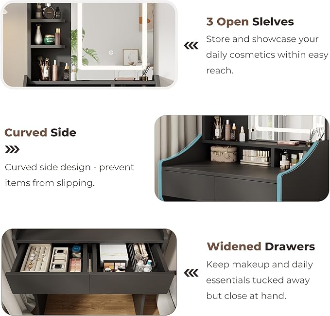Small Vanity Desk, Makeup Vanity with Mirror and Lights, Vanity Desk with Drawer & 3 Storage Shelves, Black Makeup Vanity Desk with Lights for Bedroom