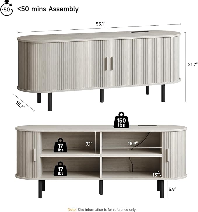 55" TV Stand with Power Outlet for TVs up to 60 Inch, Entertainment Center with Storage and Adjustable Shelves, Modern Media Console with Sliding Doors for Living Room, Natural White