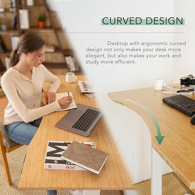 FLEXISPOT E6 Pro Oval Leg Dual Motor 3 Stages Bamboo Electric Standing Desk 60x30 Inch Whole-Piece Board Height Adjustable Electric Sit Stand Up Desk (White Frame + Bamboo Curved Desktop)