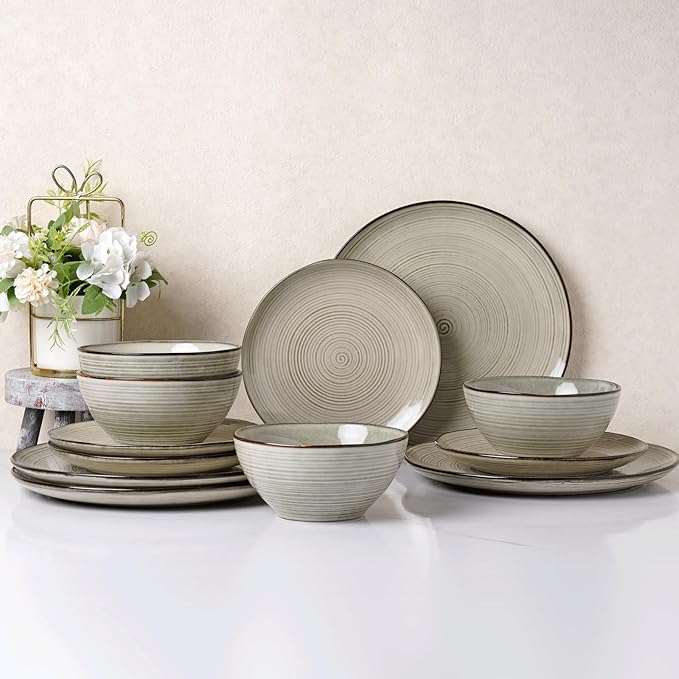 famiware Tempus Plates and Bowls Sets for 6, 18 Pieces Stoneware Dinnerware Sets, Dishes Set, Reactive Glaze Dishware Sets, Dishwasher & Microwave Safe - Castle Wall