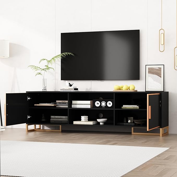 AIEGLE Modern TV Stand for 75+ Inch TVs, 70.9" W Entertainment Center with 2 Doors & Cable Management, Media Console Cabinet, Dark