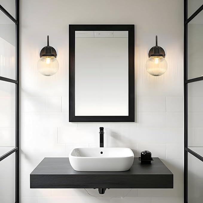 Industrial Vintage Gooseneck 1-Light Wall Sconce with 5.9" Round Ribbed Clear Glass Globe Lampshade Indoor Wall Mounted Lamp Fixture for Bedroom Living Room Bathroom Vanity