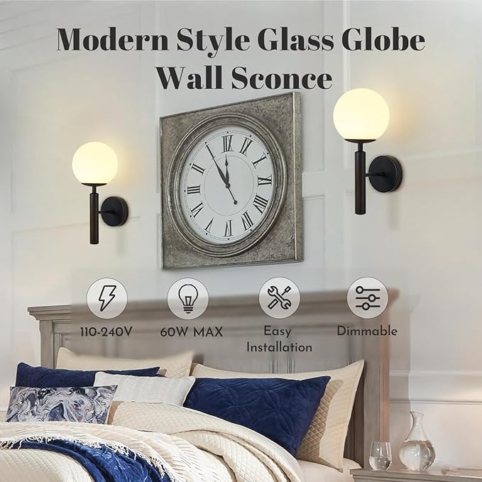 KCO Lighting Black Modern Glass Globe Wall Sconce Mid Century Wall Mounted Set of 2 Vanity Light for Bedroom Living Room Aisle(Black 2 Pack)