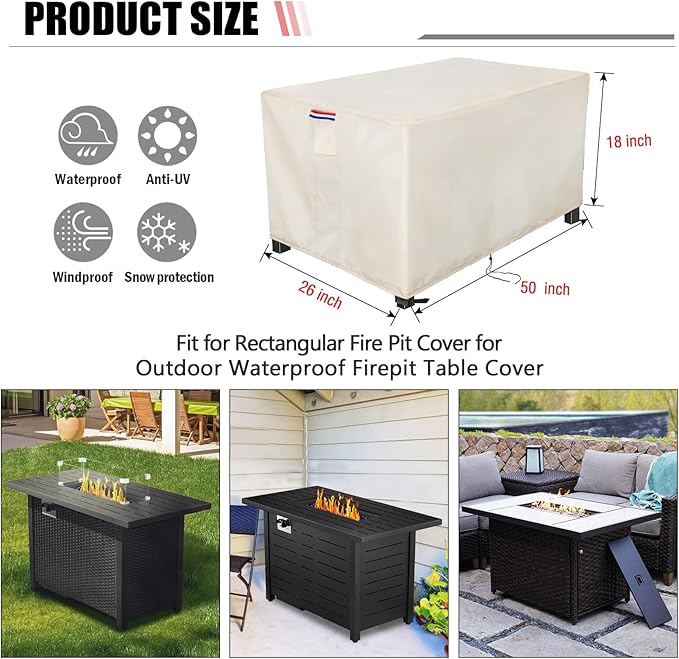 Youlvy Fire Pit Cover Rectangular 50 Inch - Waterproof Outdoor Fire Table Cover Rectangle Heavy Duty, 600D Patio Propane Gas Firepit Cover Rectangular Tear Weather Resistant - 50 x 26 x 18 Inch Beige