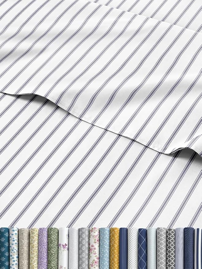 Blue and White Striped Sheets - 1 Flat & 1 Fitted Sheet & 2 Pillowcases w/ Deep Pockets - Cozy, Wrinkle & Fade Resistant - Ultra-Soft, Breathable & Cooling - Luxury Pinstripe Bedding - Full Size