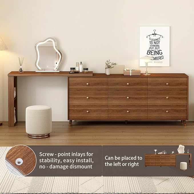 Makeup Vanity Desk Set with Cloud-Pattern HD Lighted Mirror and Stool, 70-110in Extendable Modern Vanity Table, 9-Drawer Solid Wood Frame Storage Cabinet, Bedroom Dressing Table, Brown