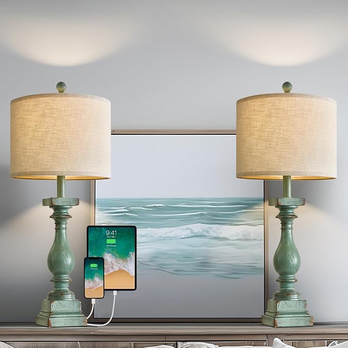 BOBOMOMO 27" Farmhouse Table Lamp Set of 2 with USB A+C for Bedroom Living Room Vintage Rustic Traditional Nightstand Bedside Lamps Retro Side Table Lamps (Green)