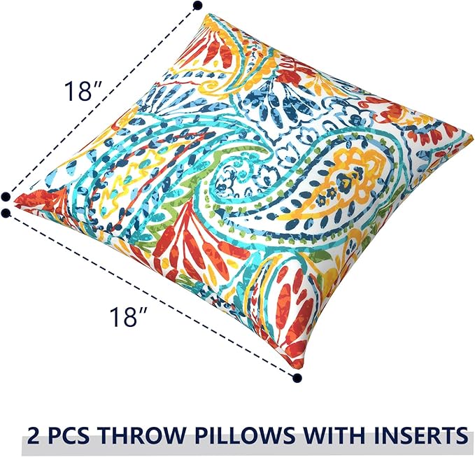 Outdoor Pillows for Patio Furniture 18x18 inch, Square Outdoor Throw Pillows with Inserts, Decorative Toss Pillows for Garden Couch Home Sofa Office Chair, Pack of 2, Paisley Multi