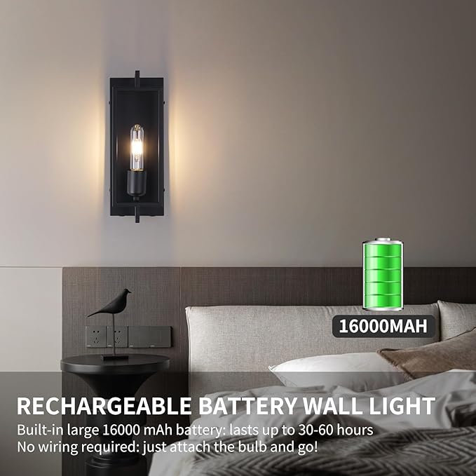 Wireless Battery Operated Wall Sconces Set of 2, Rechargeable Farmhouse Wall Light Fixture with Remote, Industrial Black Wall Lamp dimmable, Modern Indoor Lighting for Bedroom Living Room Hallway
