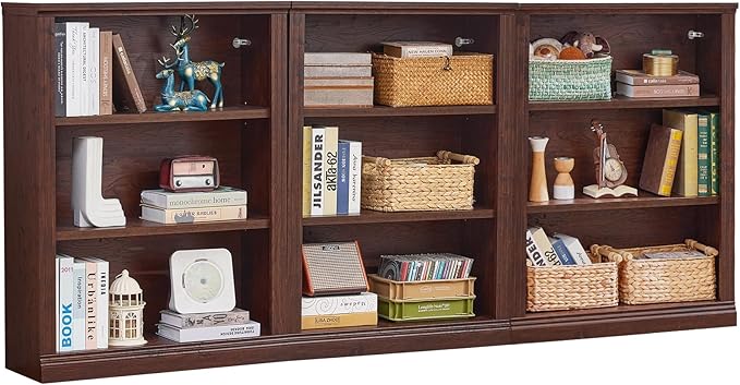 43" Walnut Tall Bookshelf Set of 3,3-Tier Thick Wooden Book Shelf with Adjustable Shelves,Free Standing Farmhouse Bookcase with Open Display Storage,Floor Vintage Bookshelves for Living Room