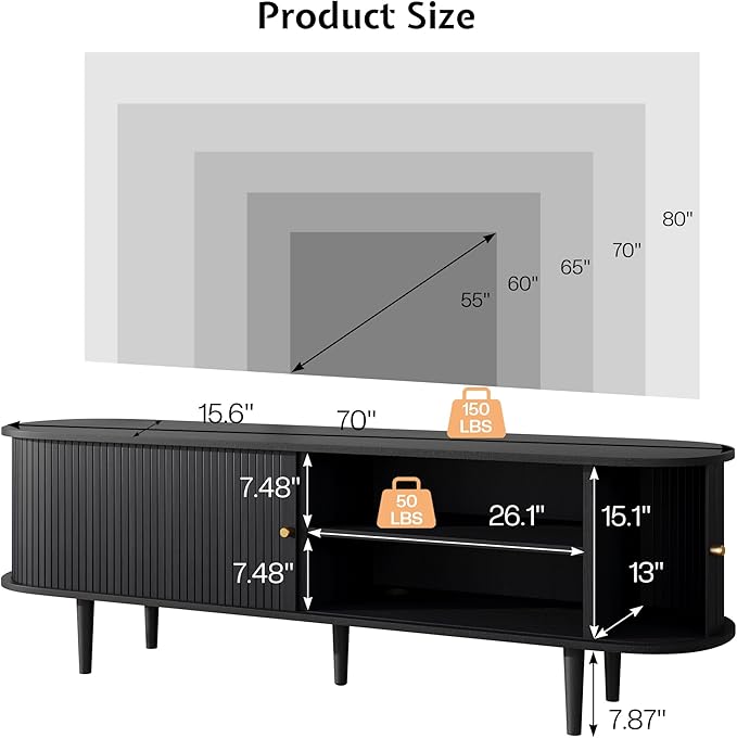 70" Mid-Century Modern TV Stand with Tambour Door, TV Console with Solid Wood Legs for TVs up to 80", Fluted Entertainment Center with Storage for Living Room, Black