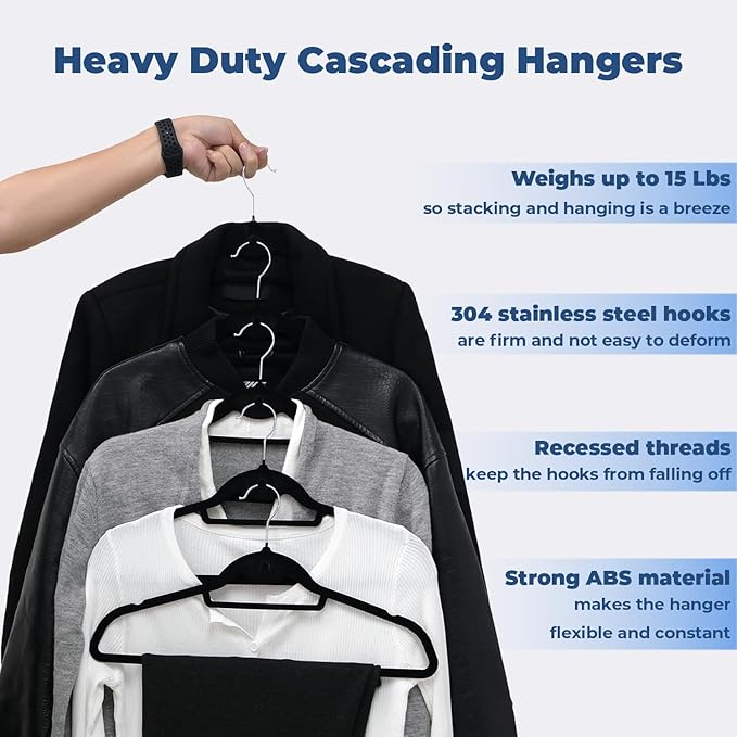 Black Velvet Hangers 50 Pack, Felt Covered Non Slip Fabric with Stackable Cascading Hook, Ultra Thin and Space Saving with 360° Swivel Neck, 15Lbs Capacity for Clothes, Suit, Shirt, Coat