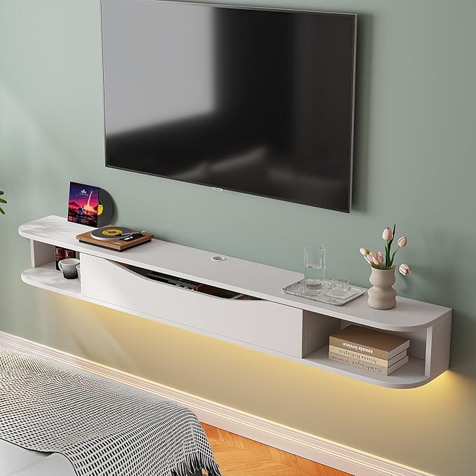 Floating TV Stand,55'' Wall Mounted TV Cabinet,Floating TV Console,Under TV Shelf with 1 Door and 2 Cabinets for TVs up to 65''(White)