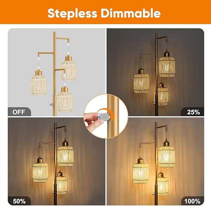 ROTTOGOON Dimmable Boho Floor Lamp - 3 Light Farmhouse Rattan Floor Lamp for Living Room, Industrial Tree Floor Lamps with 3 X 6W LED Bulbs, Rustic Standing Tall Lamp for Bedroom, 68", White