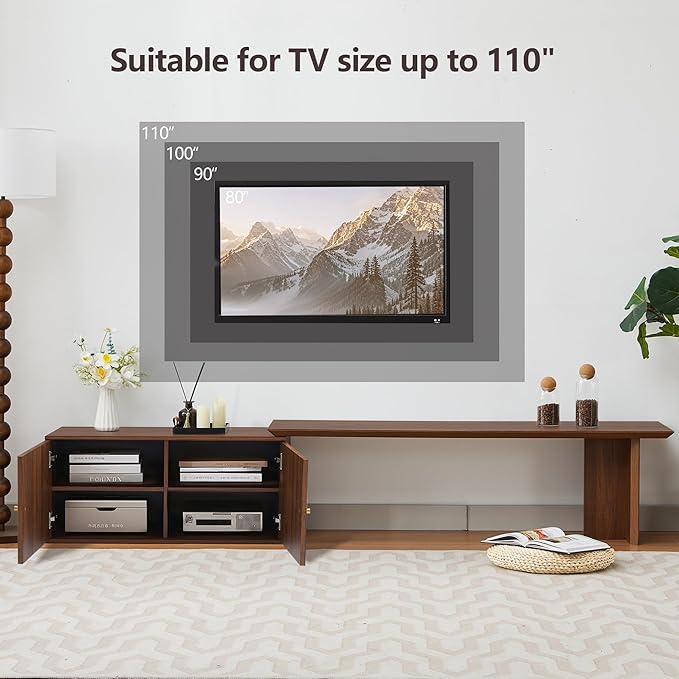 Extendable TV Stand, Wood TV Media Console with 2 Doors Entertainment Center Storage Cabinet Adjustable Shelves for Living Room Bedroom, Walnut