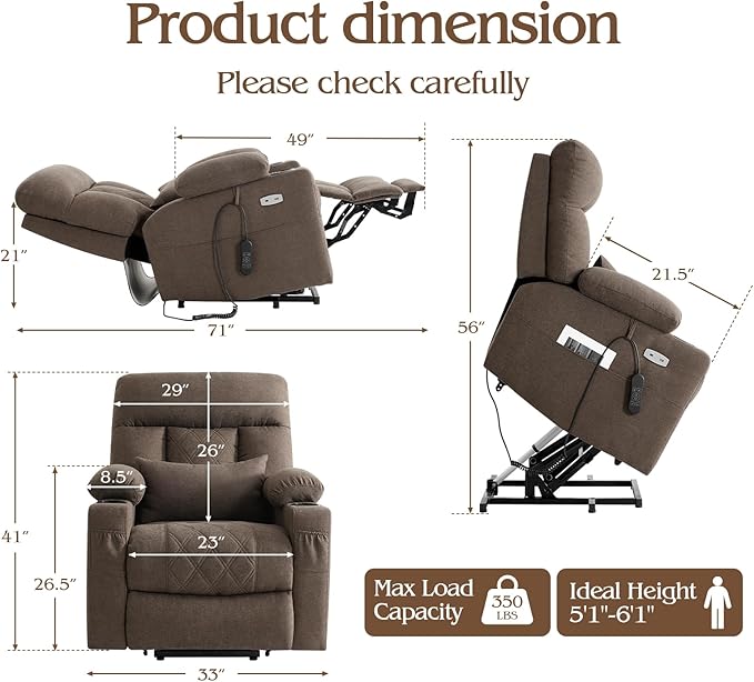 Power Lift Recliner Chair for Elderly with Extended Footrest, Infinite Position Lay Flat Recliner Chair for Adult W/Massage & Heating, Adjustable Headrest, 3-Motor Zero Gravity,Cup Holder, Fabric
