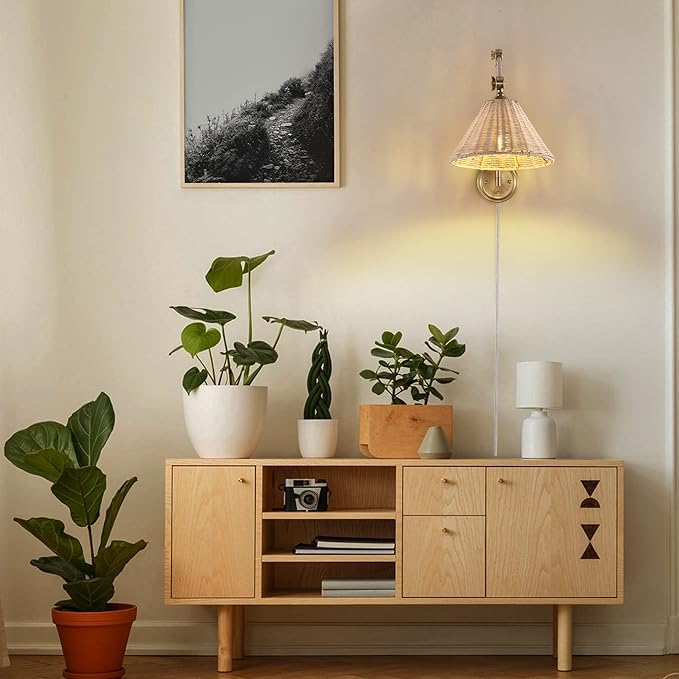 WINGBO Wall Sconce Rattan Wrapped Wall Lamp, Large Lampshade, Adjustable Swing Arm Wall Light Gold Vintage Bedside Light Fixture Wicker Handmade Shade Brass Reading Light Plug in or Hardwire (2 Pack)