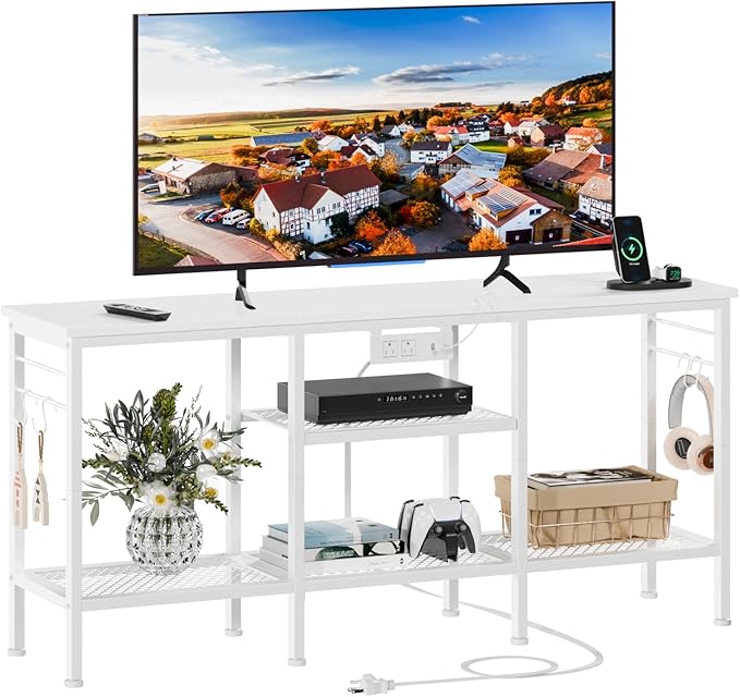 Furologee TV Stand with Power Outlets, Entertainment Center with Open Storage Shelves for TVs up to 55 Inch, TV Media Console Table with Soundbar Shelf for Living Room, Bedroom, White