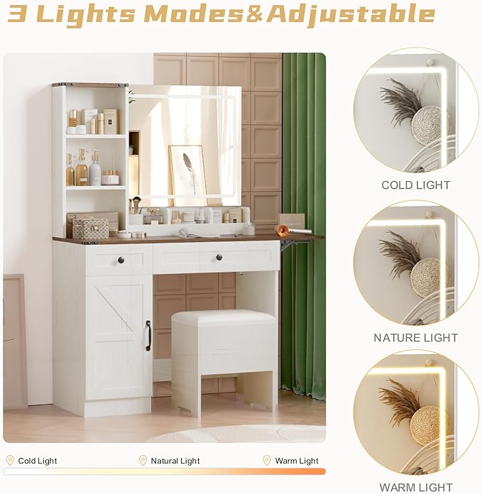 KAMABOKO Vanity Desk with Mirror, LED Lights and Power Outlet, Makeup Vanity Table with 2 Drawers and 3 Storage Shelves, Dressing Table w/Stools for Bedroom (White)