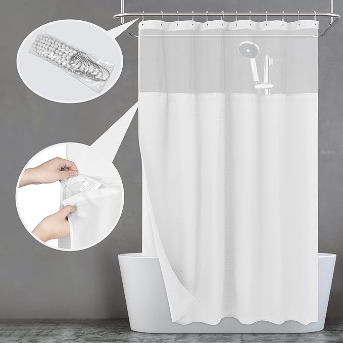 N&Y HOME Extra Long Waffle Weave Shower Curtain with Snap-in Fabric Liner Set, 12 White Hooks Included - 71" x 84", Hotel Style & Mesh Top, Machine Washable & Water-Repellent - 71x84, White
