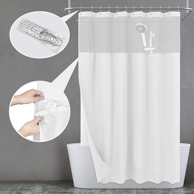 N&Y HOME Waffle Weave Shower Curtain with Snap-in Fabric Liner Set, 12 White Hooks Included - Hotel Style, Waterproof & Washable, Heavyweight Fabric & Mesh Top Window - 71x72, White