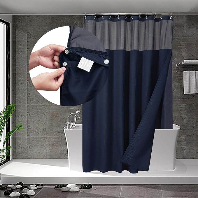 N&Y HOME Waffle Weave Shower Curtain with Snap-in Fabric Liner & Metal Hooks Set - Hotel Style, Mesh Top Window, Water-Repellent & Washable - 71x72, Navy Blue