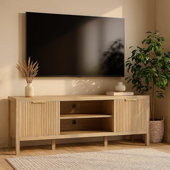 Oak TV Stand for TVs up to 65 Inch,Farmhouse TV Stands for Living Room & Bedroom,Mid Century Modern TV Console,Entertainment Center with Storage,Media Entertainment Stand,TV Cabinet for 45,55,60,65 TV